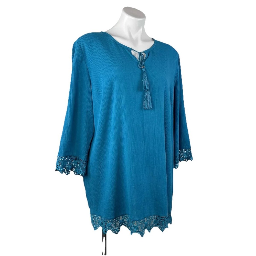 D&Co Womens L‎ Turquoise Blue Boho Peasant Crinkle Gauze Bell 3/4 Sleeve Tunic